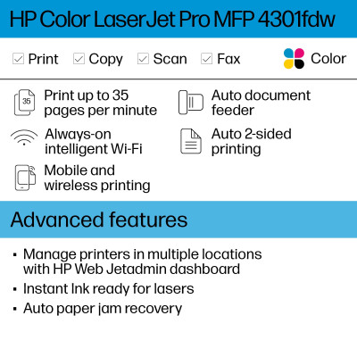 HP LaserJet Pro 4301fdw Wireless Multifunction Color Printer, Copier, Scanner Duplex